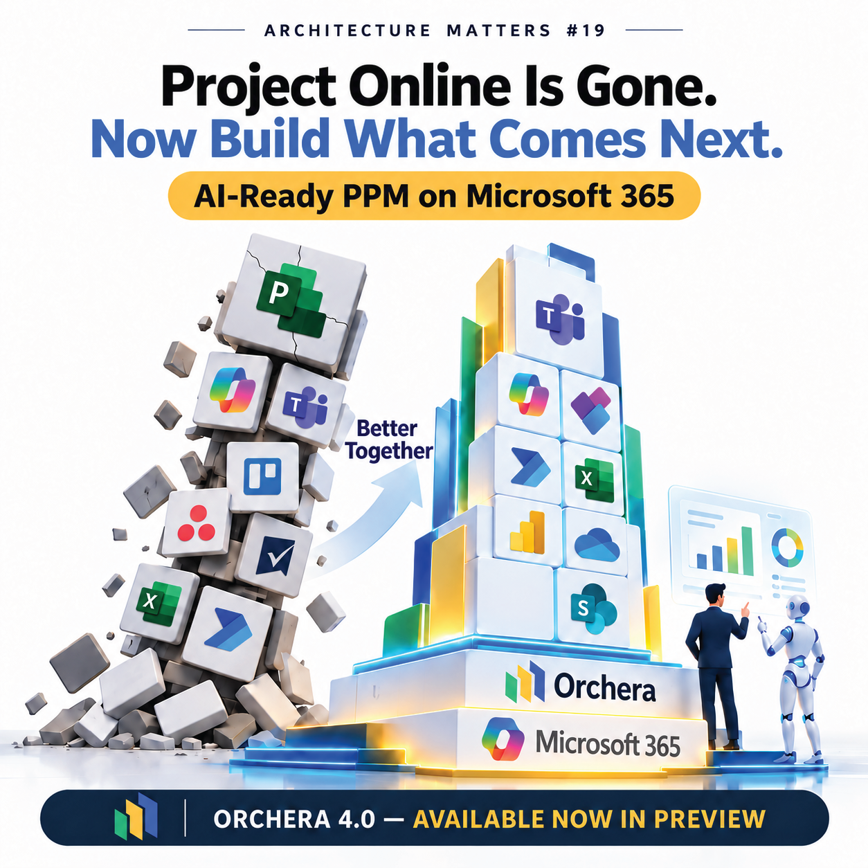 Project Online retirement and the transition to AI-ready PPM on Microsoft 365, illustrated by fragmented work management tools becoming a unified Orchera 4.0 platform.