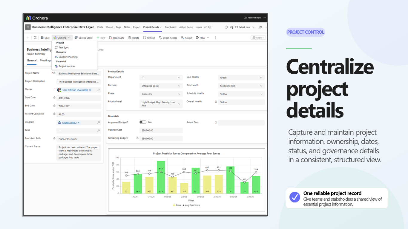 Orchera project details screen in Microsoft Teams, centralizing a project's key information in one place